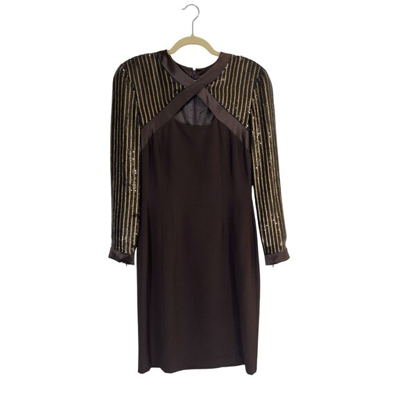 Vintage Escada Couture Brown Silk Dress Gold Sequin Sleeves Size 36 / US 4 - Picture 1 of 5